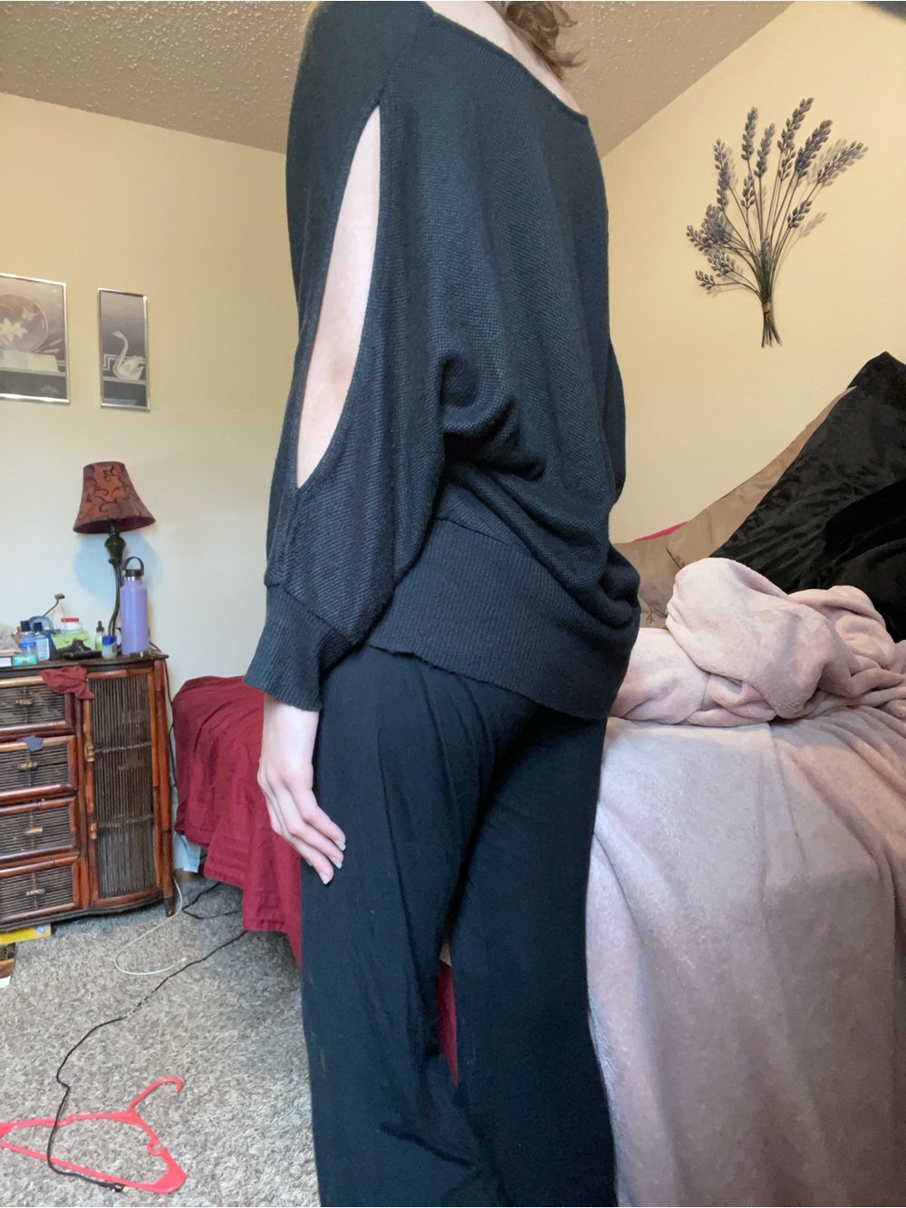 Black wide neck long sleeve top with cutouts on arms